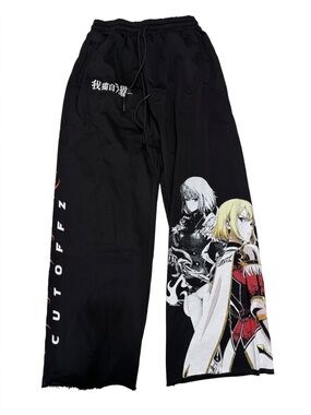 NWOT Black Anime Graphic Wide-Leg Joggers with Drawstring